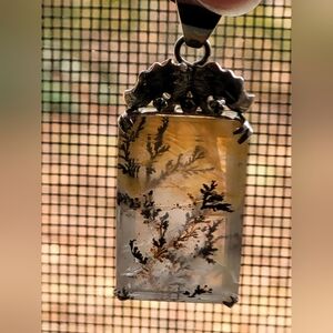 Gorgeous Sterling Silver Dendritic Agate Quartz Pendant Bar Chain Necklace
